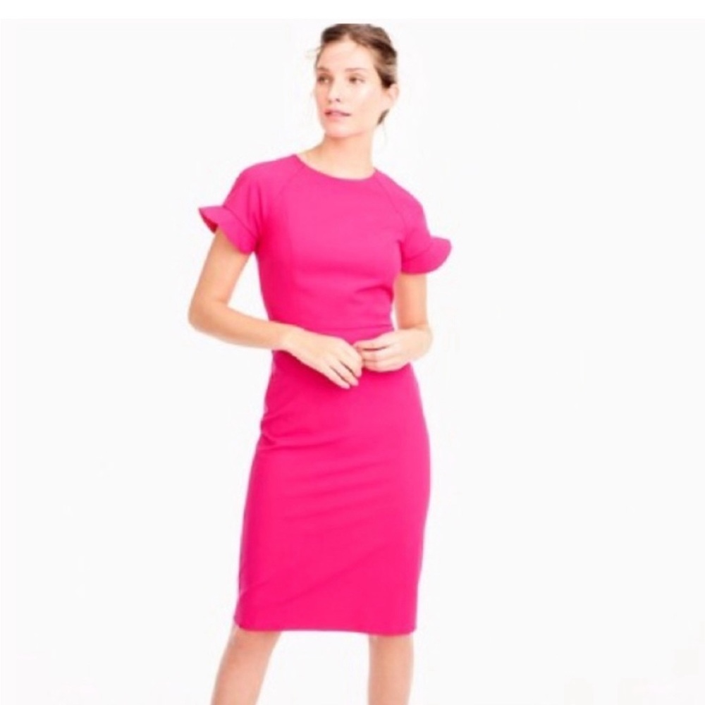 JCrew Ruffle-Sleeve Sheath Dress Italian Stretch Wool Pink